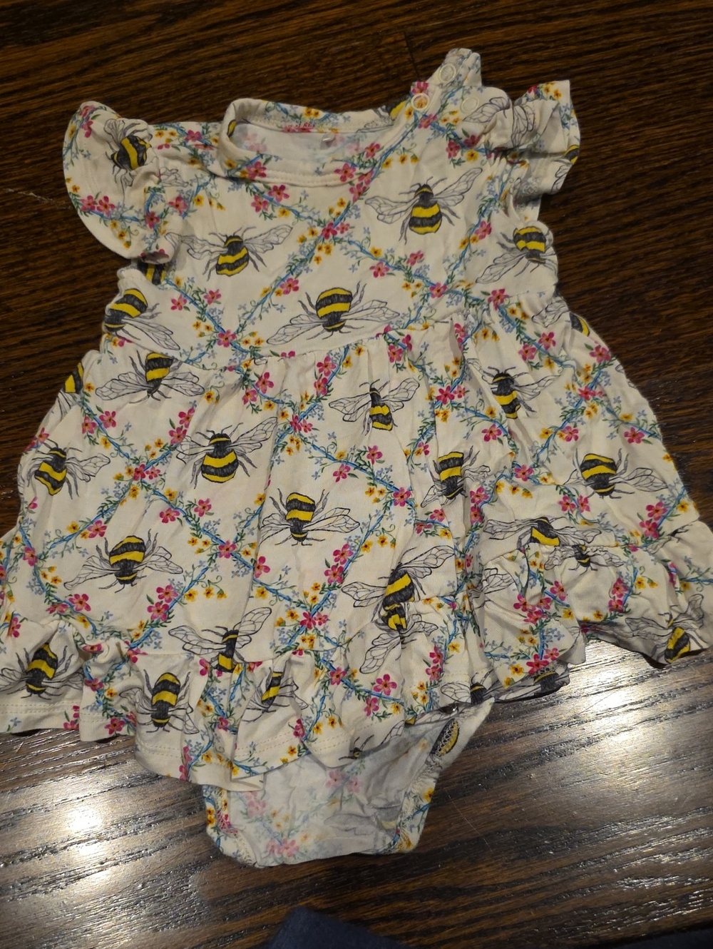 Bee Print Baby Dress Romper in White and Yellow